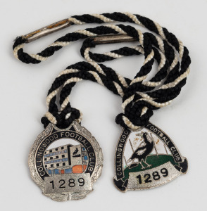COLLINGWOOD FOOTBALL CLUB&nbsp;1960 and 1961 Membership fobs, both for member #1289, and both with original black & white lanyards. (2).