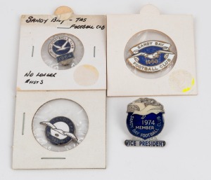 SANDY BAY FOOTBALL CLUB: 1960, 1964 and 1965 Membership badges, together with the 1974 Vice President's badge. (4 items).