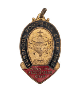 ESSENDON FOOTBALL CLUB: 1913 membership fob, engraved 'Essendon Football Club 1913 / Premiers 1911-12 / Winners Association Cup', made by C. Bentley. Only the third example we have offered.
