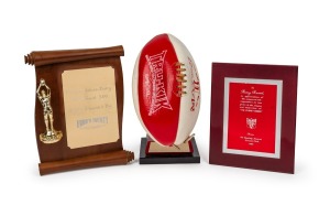 1983 football trophy presented to Barry Round by the Swans on the occasion of his 300th VFL match, together with Four'N Twenty plaque "Congratulations Barry On A Great 300", plus 1985 plaque "In appreciation of the pleasure and inspiration he has given to