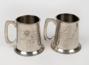 Two Southern Swans Social Club pewter tankards, one inscribed 'Presented to Barry Round - Swans v. Carlton 1-9-84', the other inscribed 'Best Player - Barry Round - V Carlton Reserves 11-5-85'.