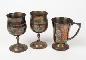 Two pewter goblets inscribed 'V.F.L. Trainers & Staff Assoc. - Barry Round - 1981', plus one inscribed '3DB Sports World'.