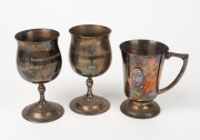 Two pewter goblets inscribed 'V.F.L. Trainers & Staff Assoc. - Barry Round - 1981', plus one inscribed '3DB Sports World'.