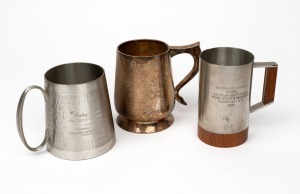 Three pewter tankards presented to Barry Round - one inscribed "To Barry Round for 200 VFL Games From Trainers & Staff South Melbourne Football Club", one with floral motif inscribed "To Barry Round - 250 Games - From The Bloods", and one inscribed "Congr