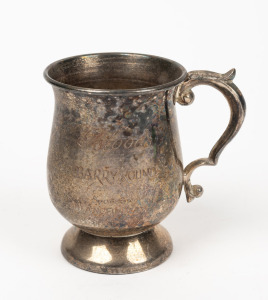 Barry Round's pewter drinking goblet from his time with the Swans, inscribed "Bloods - Barry Round - Sponsor: Alan Findlay".