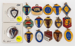 VICTORIAN FOOTBALL ASSOCIATION Membership fobs: a collection comprising of 1946, 1948, 1950-53, 1955-60, 1970, 1973, 1977 Centenary Year, 1978 and 1979. (Total: 17).