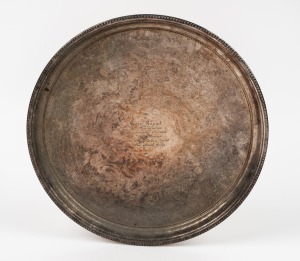 Circular platter engraved 'To Barry Round - In Appreciation Of Outstanding Service To The Swans And the Australian Game In New South Wales - 2&middot;3&middot;85'.