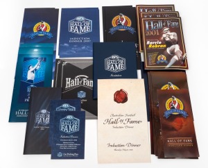 AFL HALL OF FAME: Barry Round's 2002 Hall of Fame Induction Dinner menus, together with menus, an invitation, and tickets drawn from years 2001 to 2011, plus three copies of the Australian Football Hall of Fame May 2021 commemorative booklet.