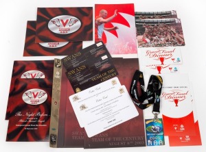 SWANS TEAM OF THE CENTURY: Barry Round's tickets, programmes, and menu from the evening of his induction into the August 8th 2003 Swans Team of the Century, plus tickets/programmes/menus from Round's attendance at various Swans celebrations related to the 2005 and 2012 Premiership wins.
