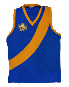 Barry Round's 1990 Williamstown F.C. guernsey, match-worn during his VFA Grand Final victory that year, VFA logo on front, number 25 on back with tear to 'Pepe Jeanswear' branding.