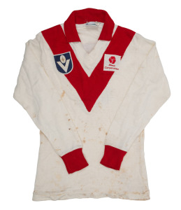 1981 long-sleeved South Melbourne Swans VFL guernsey, Bond Corporation branding on front, number 5 on back, owned by Barry Round.