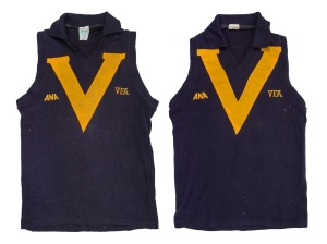 Barry Round's 1988 June/July National Carnival VFA Representative Team guernseys, both with VFA/yellow 'V'/ANA logo on front, number 1 on back on both. Round served as captain for all eight matches played that year, these being worn during the June 11th match versus Tasmania and the July 5th match versus the WAFL.