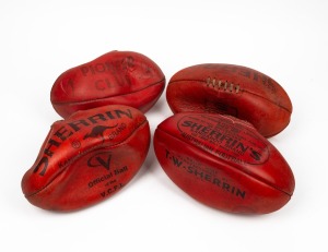 Three of Barry Round's Sherrin footballs, one with two 'B' inscriptions in permanent marker, plus one Sherrin 'Pioneer Club' football.
