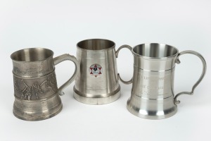 Three of Barry Round's pewter tankards - one commemorating Round's inclusion in the 1982 Sun All Stars Team, one with inscription 'Barry - Happy 50th - You Legend - Gary', and one with inscription 'AFL LIFE MEMBERS 1994 - Golf Champion - John "Sam" Newman