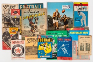 Group of nine 1950s-60s football publications, including two 'Footy Week', two Australian National Football Council textbooks, 'Let's Look at Football', and 'Football Headlines', plus two table tennis and six cricket publications of similar vintage.