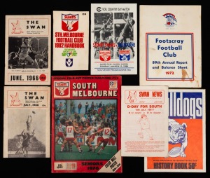 Group of six 1960s-80s Swans publications, including June/July 1966 'The Swan' and July 1981 'Swan News', 'South Melbourne Seniors 1976 Special Fold-Out Poster Magazine', plus 1961 Bulldogs Footscray F.C. 50c History Book and Footscray F.C. 1972 89th Annu