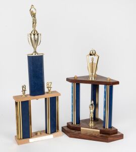 WILLIAMSTOWN F.C.: Barry Round's 1987 and 1988 Club Champion Andy Taylor Memorial Trophies, 67cm and 46cm tall, respectively.