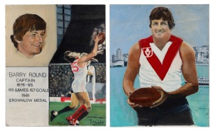 Two portraits of Barry Round by artist and Williamstown local George Aldersley, acrylic on board, the larger image 40.5 x 51cm.