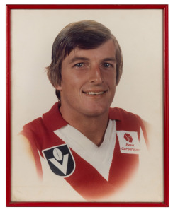 Two original photographic portraits of Barry Round, one in South Melbourne F.C. uniform and one in Williamstown F.C. uniform, plus 'Ode to Roundy' portrait and text from later in life, all three framed and glazed, the largest 54 x 65cm overall.