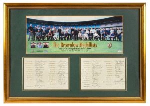 Barry Round's own copy of 'The Brownlow Medallists - The AFL's Living History 1925 - 2000' display, featuring the original signatures of fifty-one Brownlow medallists, including Bernie Quinlan, Ian Stewart, Bob Skilton, Verdun Howell, Tony Lockett, Shane Crawford, and Greg Williams; window mounted with group photograph at centre, limited edition 'Proof'/1500, framed and glazed, overall 92 x 66cm.