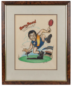 'Barry Round Williamstown F.C. 86-93' original pen and ink cartoon by artist 'B.D.', with dedication on rear "To Big Bazza, Thanks for the memories...", framed and glazed, window mounted, 40 x 49cm overall, together with 'Barry Round Hall of Fame' photo m