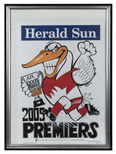 SWANS 2005 PREMIERSHIP: Two original copies of the 2005 Herald Sun WEG Premiers poster, framed and glazed, the larger 56 x 77cm overall.