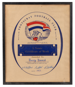 FOOTSCRAY: Barry Round's 1973 Footscray F.C. 5 Years Certificate of Merit, with illustration of bulldog and team flag, signed by club president, secretary, and treasurer, framed, 35 x 42cm overall.