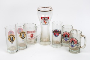 Group of seven drinking glasses, with motifs comprising one c. 1980s South Melbourne Swans, two 1996 Coca Cola Chas Brownlow Trophy, three Carlton Draught 1997 AFL Centenary, and one Sydney Swans 2005 Premiers.