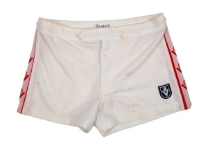 Pair of Barry Round's match-worn white Adidas VFL Swans away-game shorts with 'SWANS' inscription on waist in permanent marker, c. 1980.