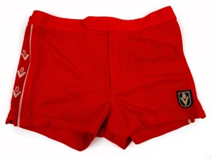 Pair of Barry Round's match-worn red Adidas VFL Swans home-game shorts, c. 1980.