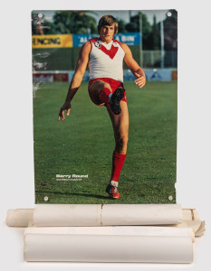 Group lot of Barry Round's original unframed posters - six Swans Team Photos (mostly 1980s) of which one signed by Round, four 'Skills of AFL', one 'Aussie Rules Footballer of the Year - Barry Round', four 'CSR Sugar 1981 Barry Round', and one 2005 Premie