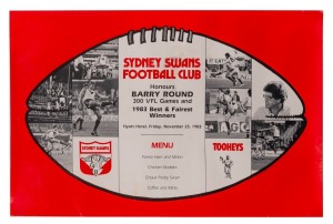 Six copies of menu from 1983 Swans function at Hyatt Hotel honouring Barry Rounds 300th game and that year's Best & Fairest winners, plus 30 x 43cm original photograph of Round on the field.