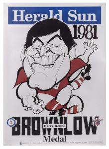 Two WEG Barry Round 1981 Brownlow Medallist poster reprints, together with WEG Barry Round Night Premiers 1982 Swans poster print with note on rear "BARRY HOPE YOU CAN USE THIS, BEST WISHES DAVID CALDWELL", plus 1918 WEG retrospective premiership poster.