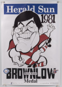 Two WEG Barry Round 1981 Brownlow Medallist poster reprints, together with WEG Barry Round Night Premiers 1982 Swans poster print with note on rear "BARRY HOPE YOU CAN USE THIS, BEST WISHES DAVID CALDWELL", plus 1918 WEG retrospective premiership poster. - 2
