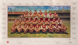 Barry Round's Swans Team of the Century print of oil painting by Jamie Cooper, artist's proof, featuring seventeen original player signatures including Barry Round, Fred Goldsmith, Gerard Healy, Paul Kelly, Tony Lockett, and Bob Skilton, plus facsimile co