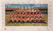 Barry Round's Swans Team of the Century print of oil painting by Jamie Cooper, artist's proof, featuring seventeen original player signatures including Barry Round, Fred Goldsmith, Gerard Healy, Paul Kelly, Tony Lockett, and Bob Skilton, plus facsimile co