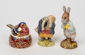 ROYAL ALBERT "Peter With Daffodils" and "Tommy Brock" porcelain statues, together with a ROYAL CROWN DERBY "Caffinch Nesting", (3 items), the largest 12cm high.