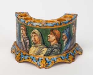 ANGELO MINGHETTI antique Italian majolica crescent form flower holder, 19th century, monogram to base, ​​​​​​​9.5cm high, 16.5cm wide.