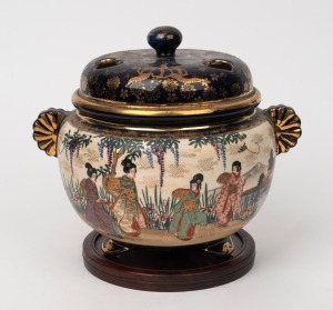 SATSUMA antique Japanese earthenware lidded urn with turned zitan timber stand, Meiji Period, 19th/20 century, 18cm high, 19cm overall.