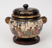 SATSUMA antique Japanese earthenware lidded urn with turned zitan timber stand, Meiji Period, 19th/20 century, 18cm high, 19cm overall.