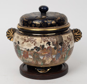SATSUMA antique Japanese earthenware lidded urn with turned zitan timber stand, Meiji Period, 19th/20 century, 18cm high, 19cm overall. - 2