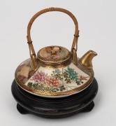 SATSUMA antique Japanese earthenware teapot with rattan handle, with turned timber stand, Meiji Period, 19th/20th century, 9cm high including handle, 12cm high overall. - 2