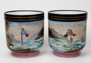 A pair of antique porcelain jardinieres with hand-painted scene of women gathering fish, 19th century, ​​​​​​​21.5cm high.