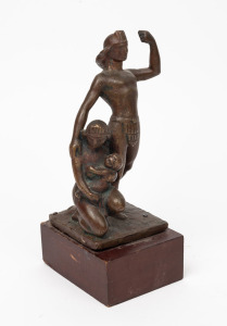 A bronze figure group, mounted on later wooden plinth, early to mid 20th century, the bronze 18cm high, 23cm high overall