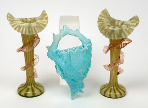 A pair of antique English glass mantle vases with frilled decoration; together with an antique blue pressed glass wall vase, 19th century, (3 items), the largest 19.5cm high