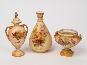 ROYAL WORCESTER antique English porcelain vase, urn and lidded miniature urn, 19th century, (3 items), puce and green factory marks to bases, the largest 15cm high