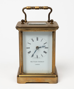 MATTHEW NORMAN vintage English brass cased carriage clock with Roman numerals, 20th century, 14.5cm high including handle