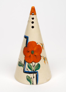 WILIKINSON Art Deco conical sugar sifter with enamel floral decoration in the manner of Clarice Cliff, black factory mark to base, 14cm high