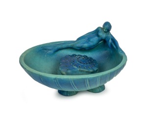 VAN BRIGGLE "Siren of the Sea" antique American art pottery mermaid float bowl with flower aid, incised "Van Briggle, Cola. Spgs." with monogram mark, 21.5cm high, 36.5cm wide