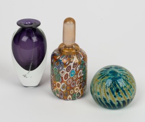 GAMBARO & POGGI Murano glass millefiori bottle with acid etched mark to base; together with a MDINA Maltese art glass paperweight and a purple sommerso art glass vase with trailing bubble inclusions and incised signature to base (illegible), (3 items), th